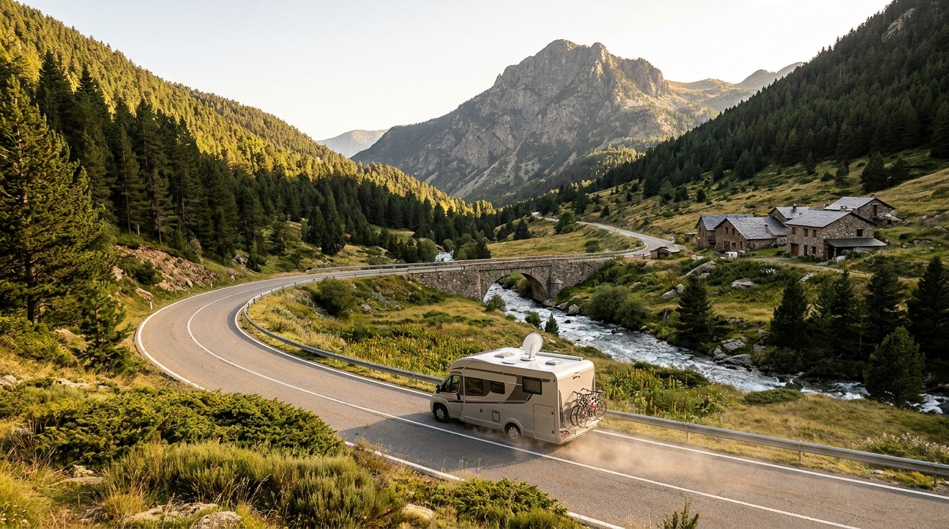 A rented motorhome parked with a stunning view of the Andorran Pyrenees mountains