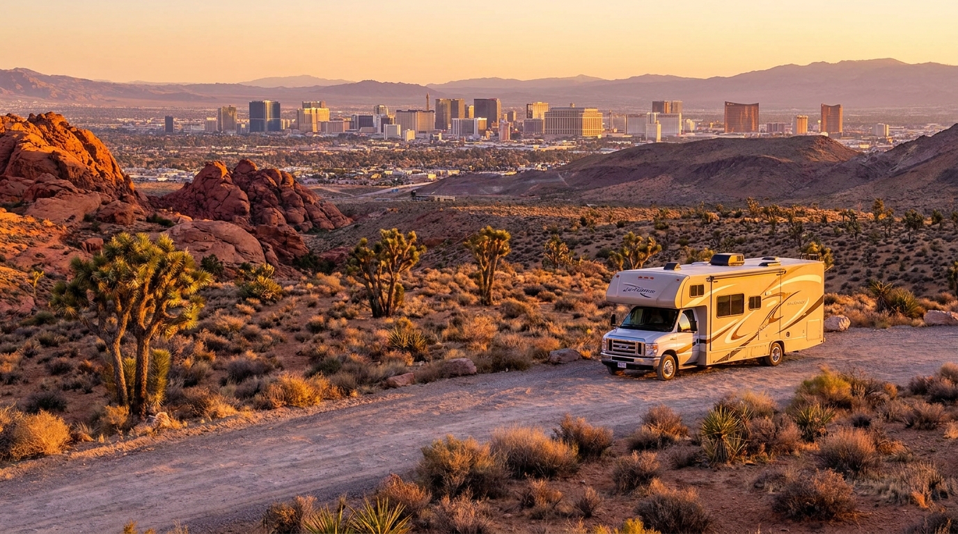 A rented motorhome parked with a stunning view of the Las Vegas Strip at sunset