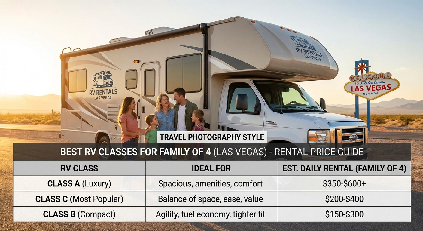 Exterior view of a Class C motorhome with a 'bunkhouse' floor plan parked in the desert near Las Vegas