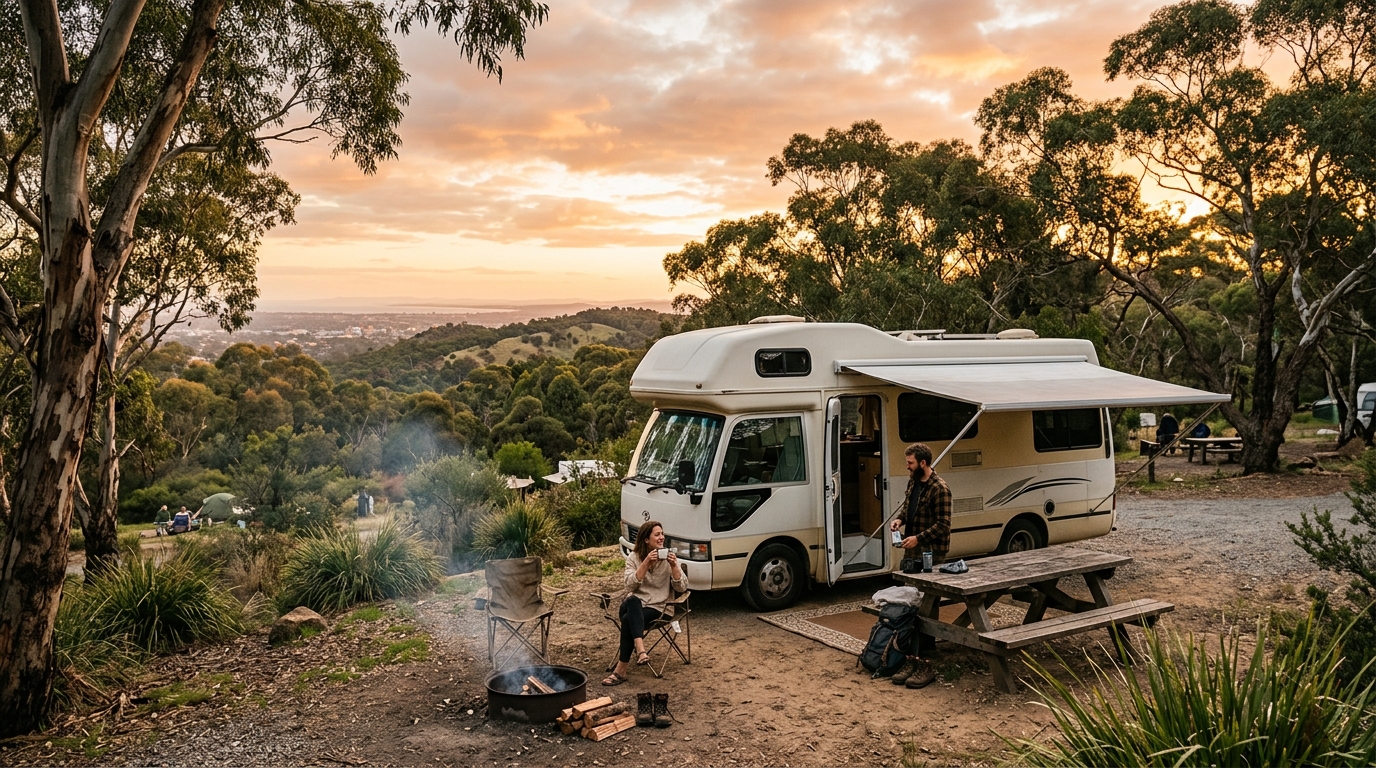 Adelaide 4WD Roundtrip -Off-Road Horizons: A 4X4 Motorhome Adventure from Adelaide — campground with a motorhome