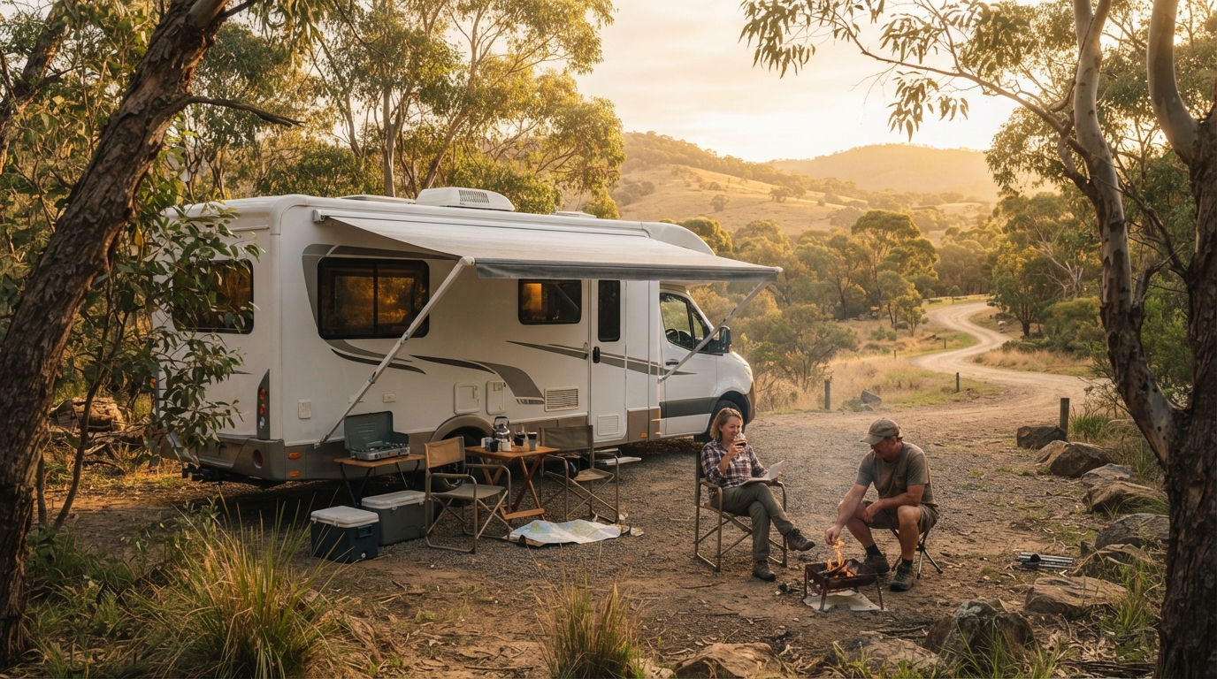 Adelaide to Brisbane - Gem of the Inland and Coast Tour — campground with a motorhome