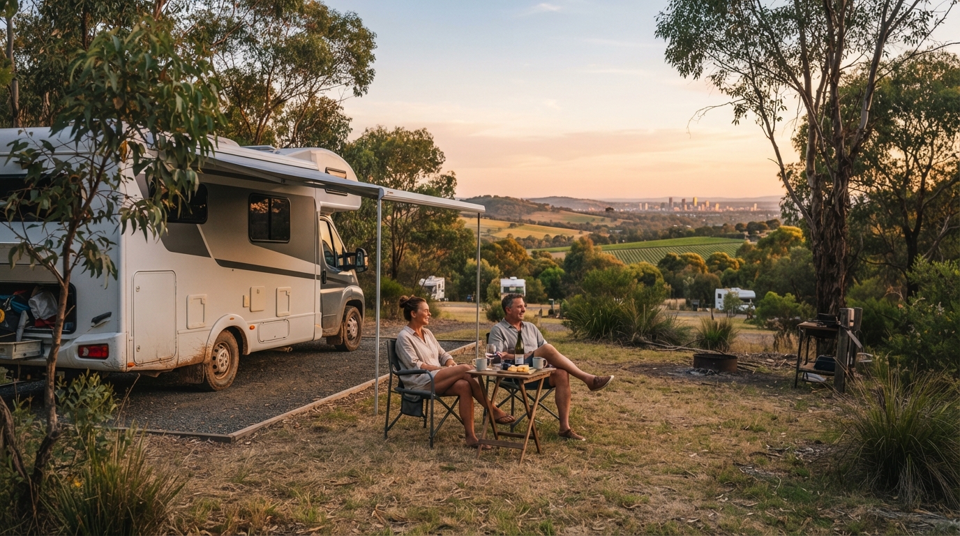 Adelaide to Alice Springs - Central Australia Road Trip — campground with a motorhome