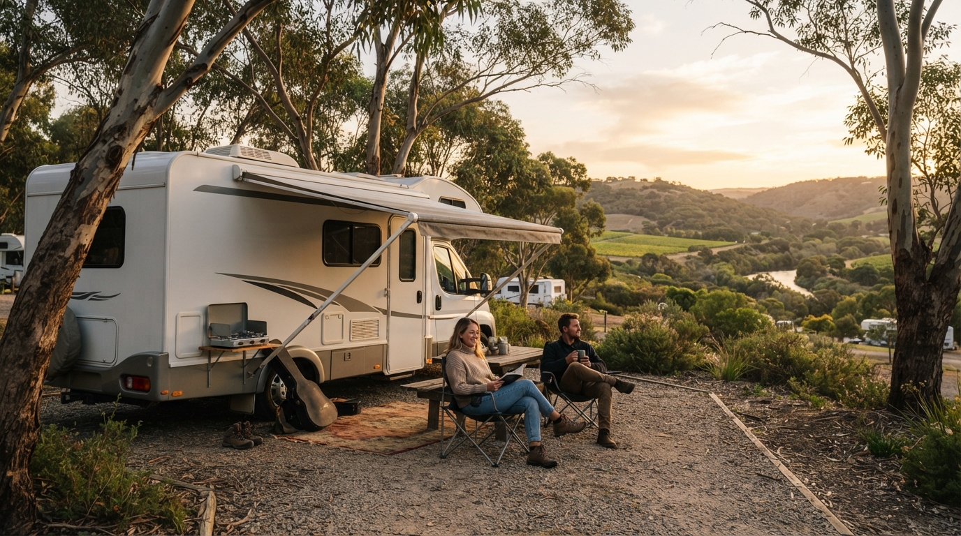 Adelaide to Melbourne - Coastal Wonders and City Lights Tour — campground with a motorhome