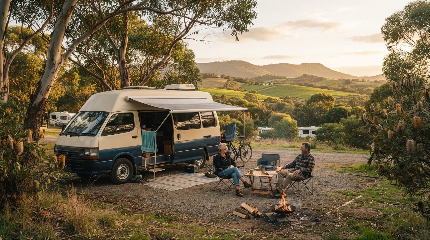 Adelaide to Melbourne - Coastal Wonders and City Lights Tour — campground with a motorhome