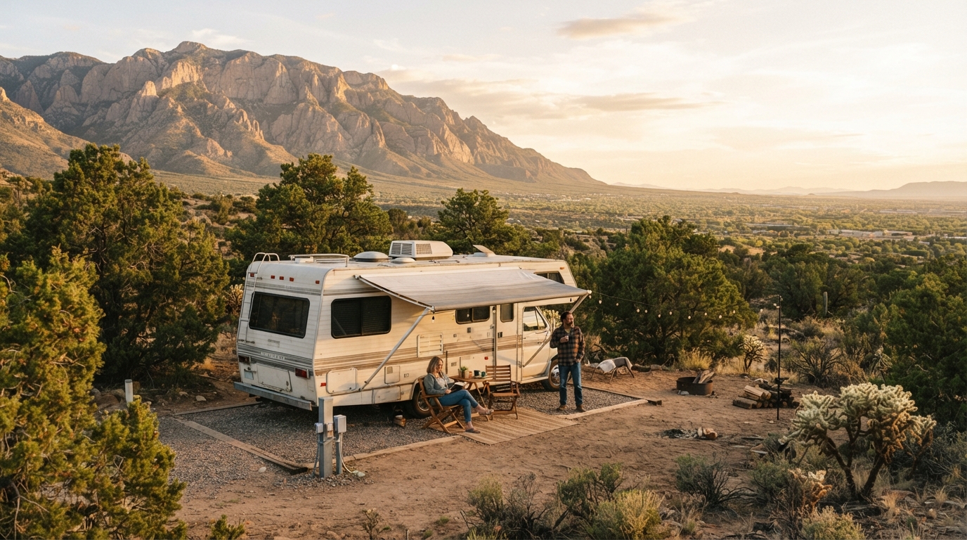 Albuquerque to Portland Via Yosemite National Park — campground with a motorhome