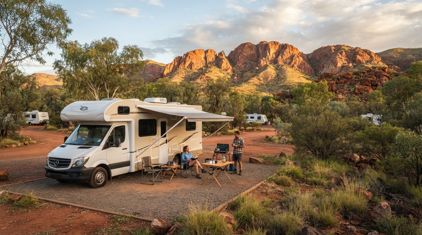 Alice Springs to Brisbane - A Journey of Outback Wonders and Coastal Charms — campground with a motorhome