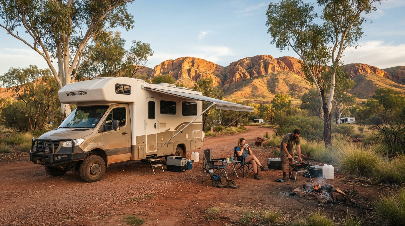 Alice Springs to Perth - The Red Earth and Blue Sea RV Adventure — campground with a motorhome
