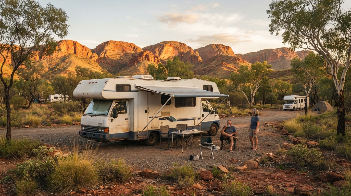Alice Springs to Melbourne - From Outback Wonders to Urban Delights — campground with a motorhome