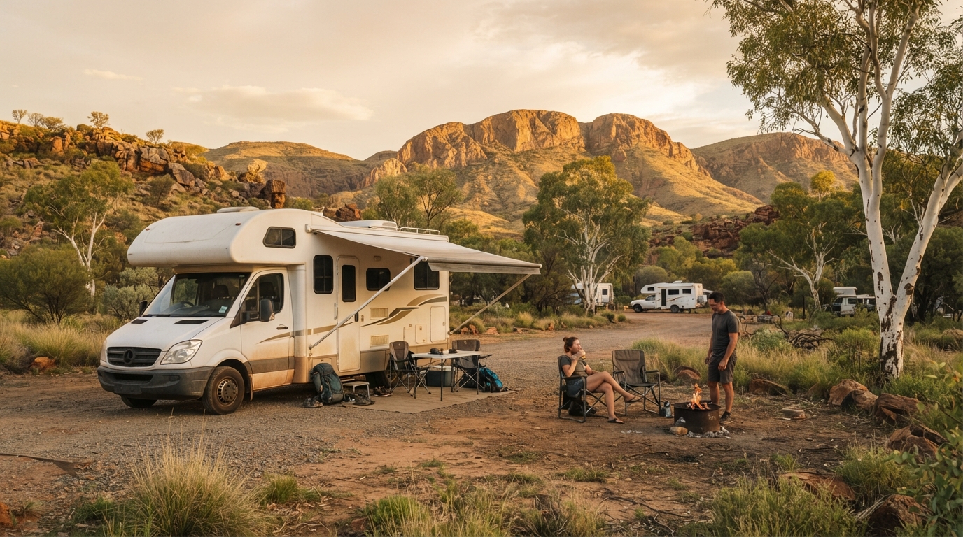 Alice Springs to Adelaide — campground with a motorhome