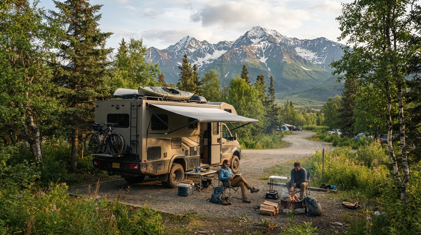 Anchorage to Seattle - The Northern Wilderness Trail — campground with a motorhome