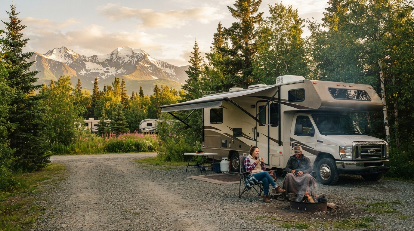 Anchorage Roundtrip Heading North - The Great Alaskan Wilderness Road Trip — campground with a motorhome