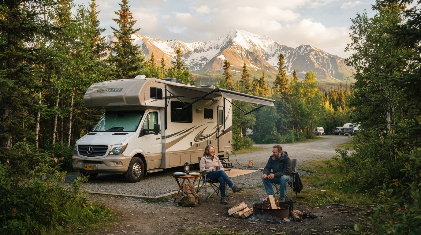 Anchorage Roundtrip Heading North - The Great Alaskan Wilderness Road Trip — campground with a motorhome