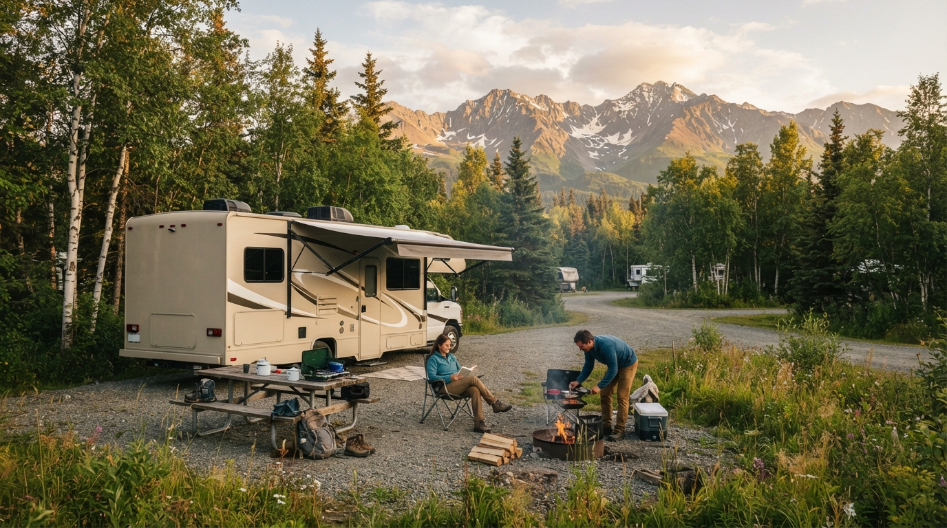 Anchorage Roundtrip Heading North - The Great Alaskan Wilderness Road Trip — campground with a motorhome