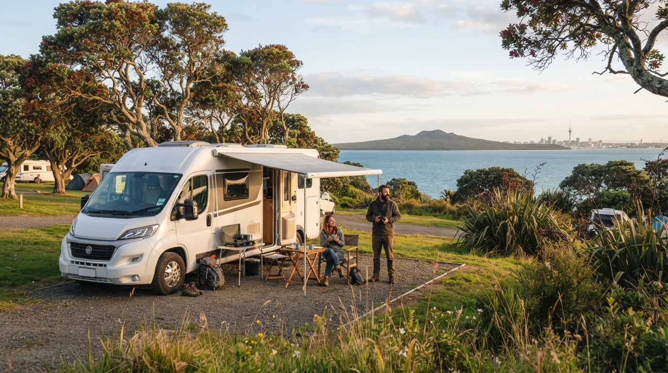 Auckland to Christchurch - Comprehensive New Zealand — campground with a motorhome
