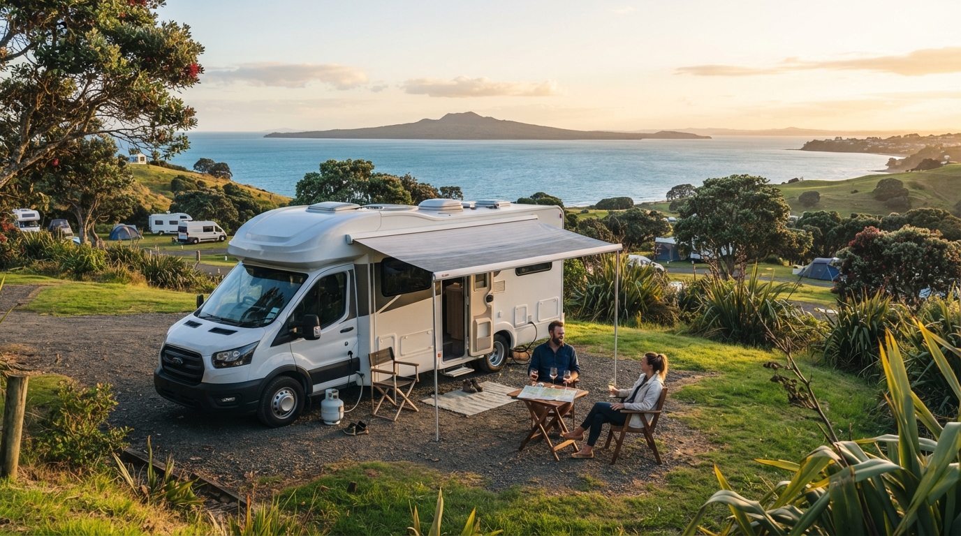 Auckland Roundtrip - Northern Island — campground with a motorhome