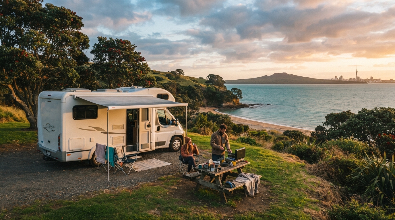 Auckland to Christchurch - Hobbiton, Ferries, and Alpine Crossings — campground with a motorhome