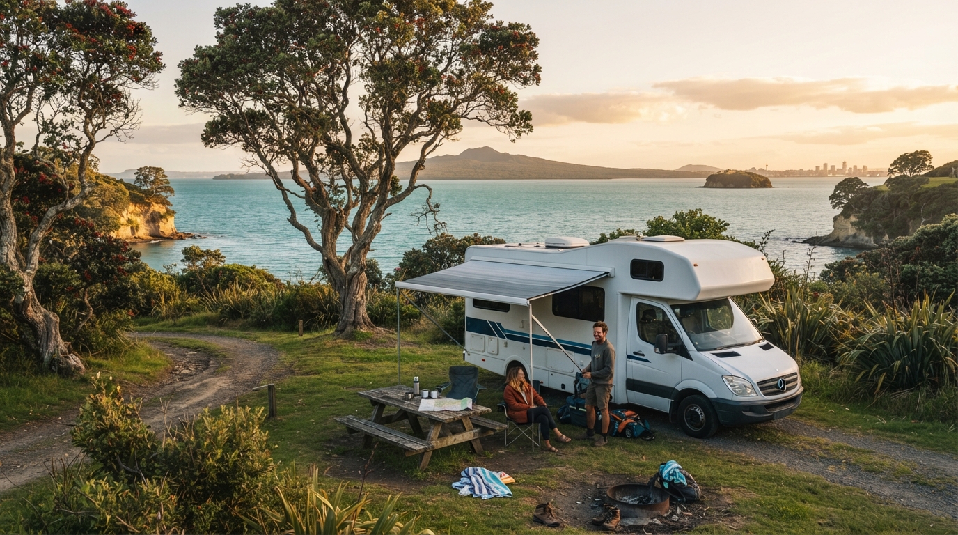 Auckland to Queenstown - The Great Kiwi Road Trip — campground with a motorhome
