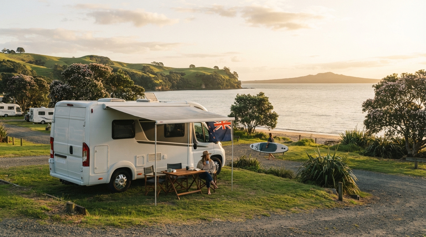 Auckland Round trip - Lord of the Rings North Island — campground with a motorhome
