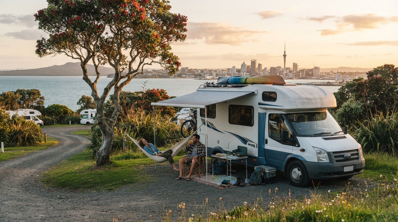 Auckland Roundtrip - Central and southern North Island — campground with a motorhome