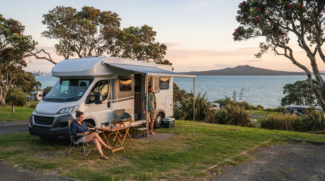 Auckland Roundtrip - Central and northern North Island — campground with a motorhome