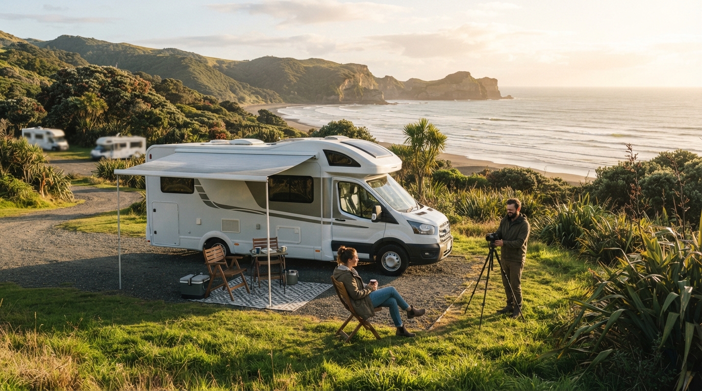 Auckland Roundtrip - North Island Central — campground with a motorhome