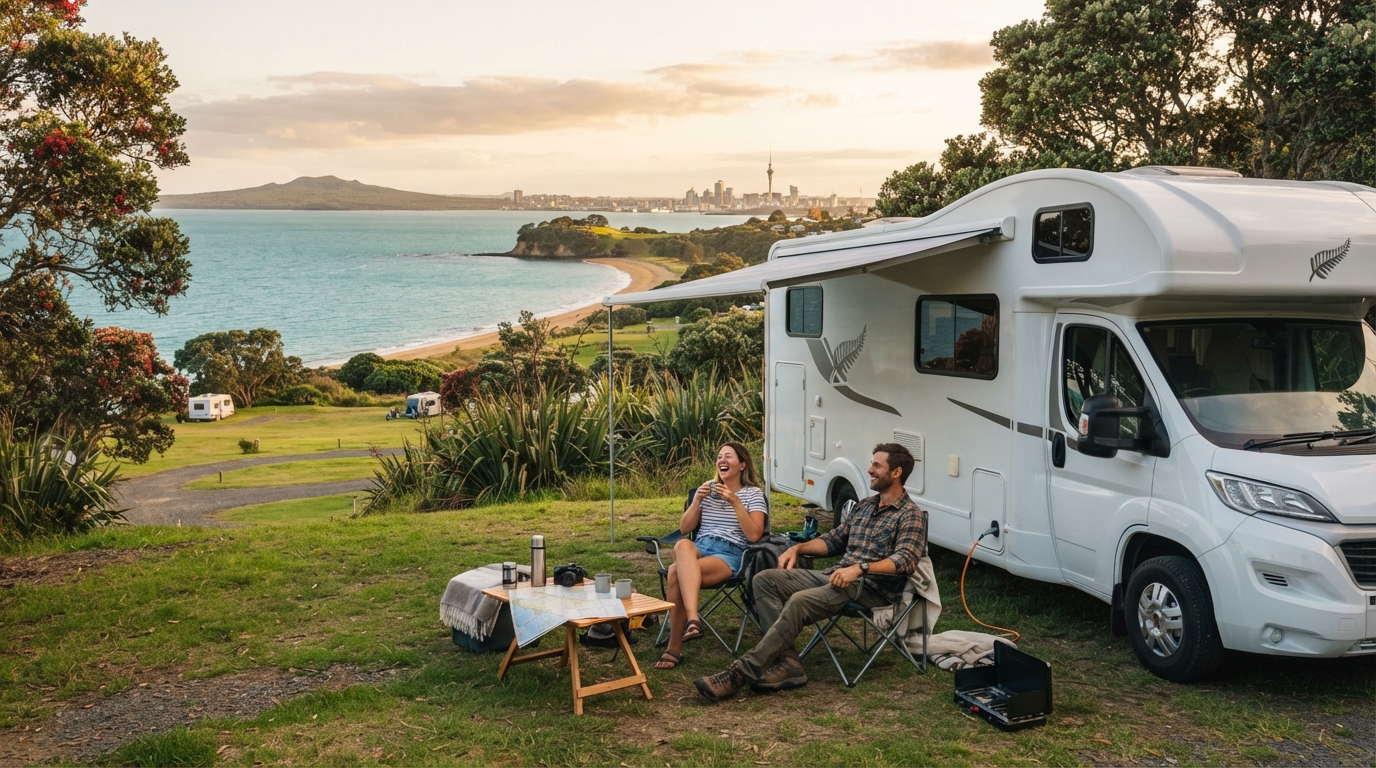Auckland Roundtrip - North of the North Island — campground with a motorhome
