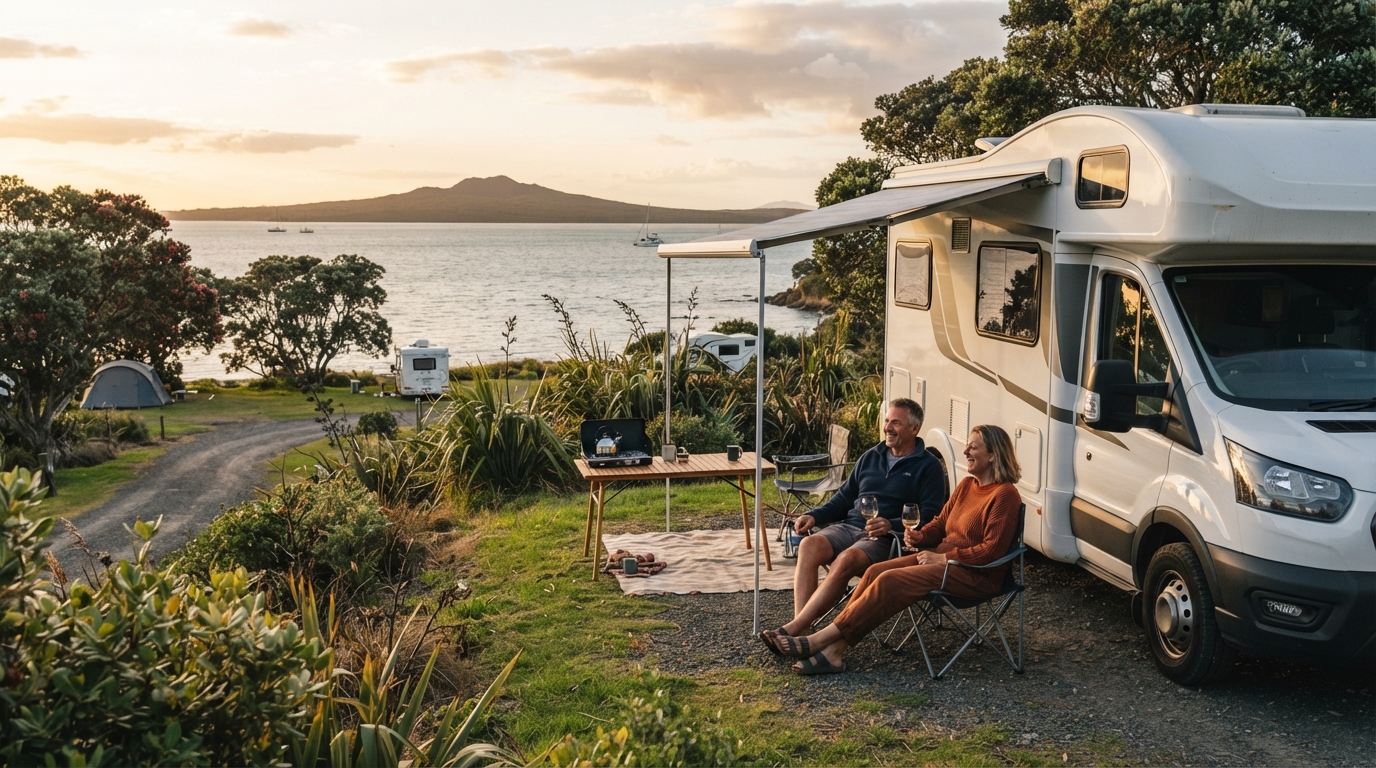 Auckland to Queenstown - Kiwi Adventure — campground with a motorhome