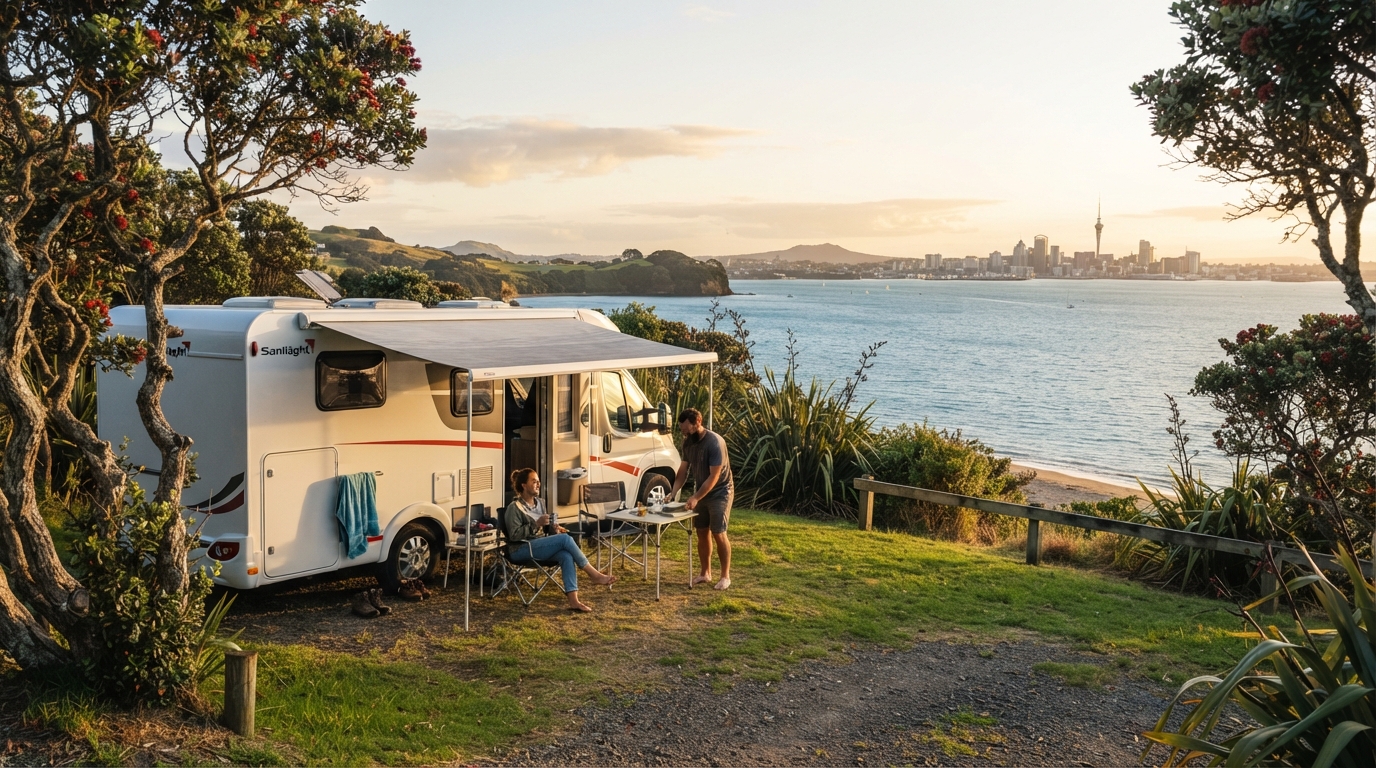 Auckland to Christchurch - Kiwi Road Trip From City Lights to Alpine Heights — campground with a motorhome