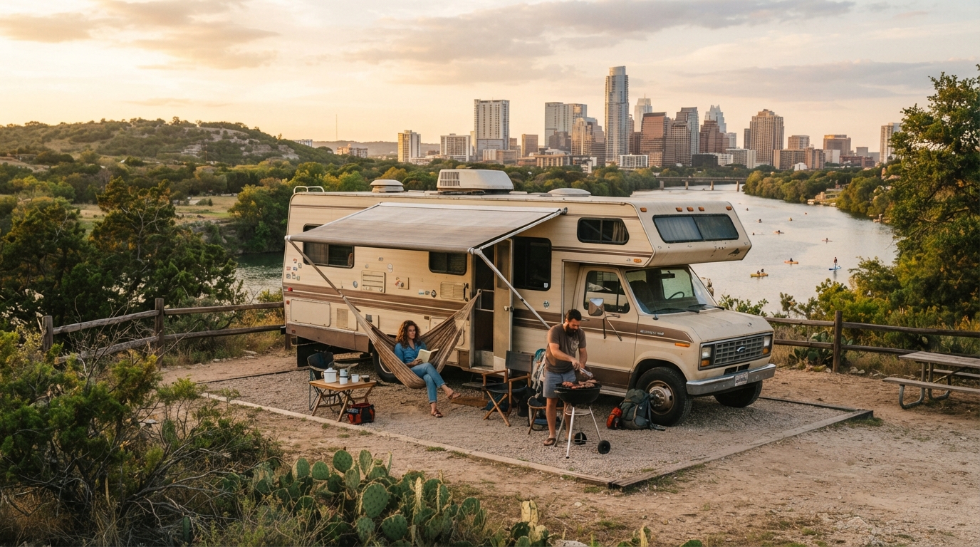 Austin to Bozeman — campground with a motorhome