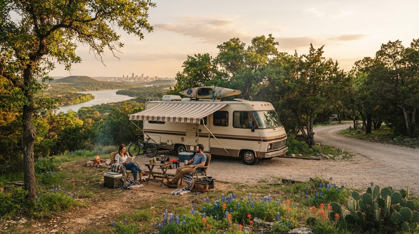 Austin to Charlotte — campground with a motorhome