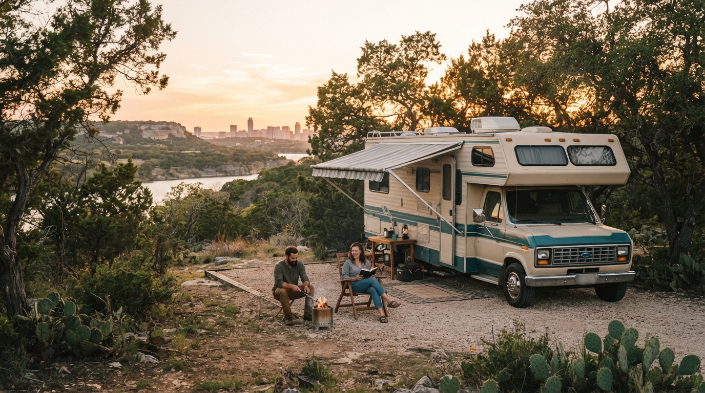Austin to Philadelphia — campground with a motorhome