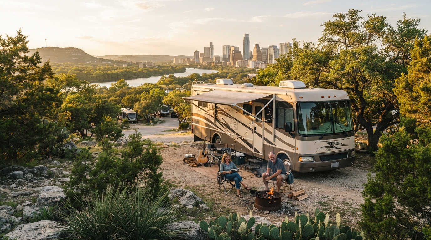 Austin Roundtrip - 21-day Texas RV route — campground with a motorhome