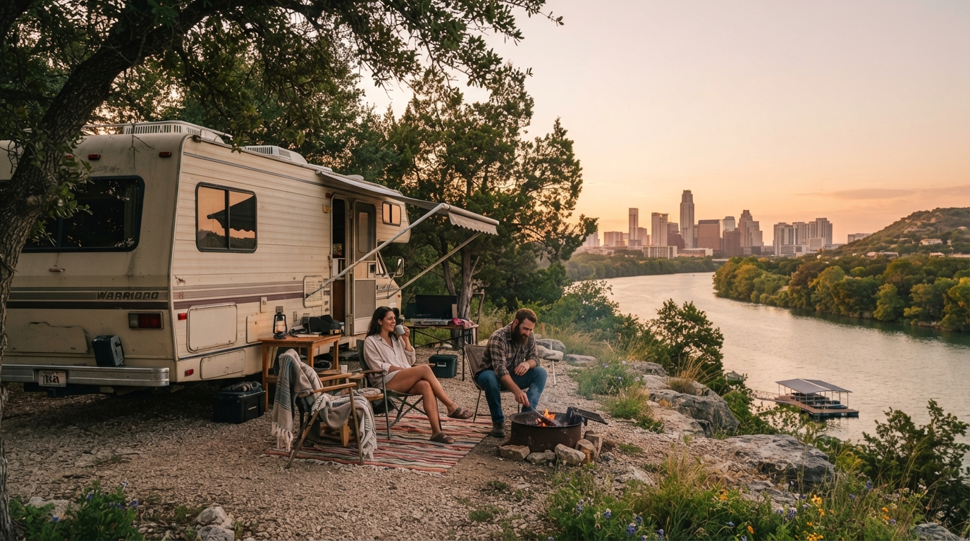 Austin Roundtrip - 15-day Texas RV route — campground with a motorhome