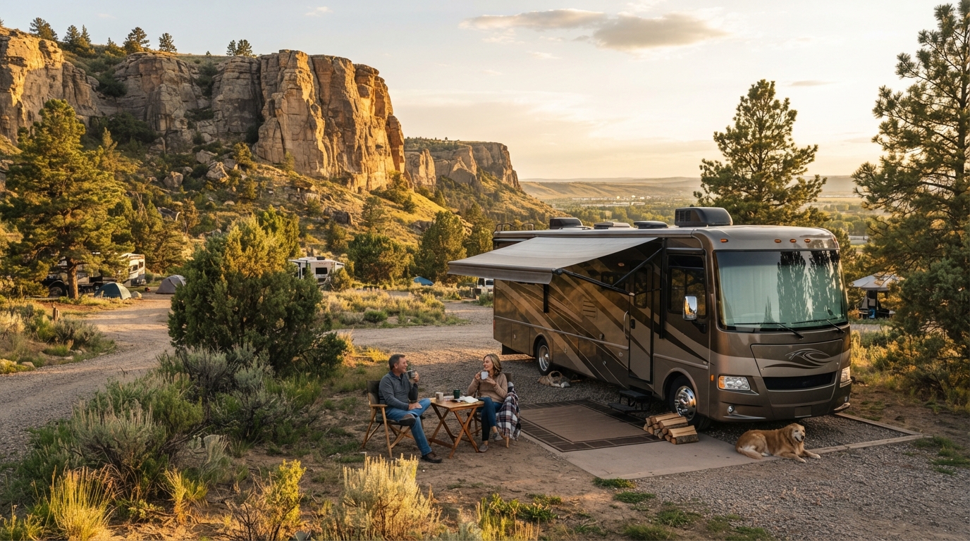 Billings to Phoenix - Canyons & Cowboys: The Wild West RV Journey — campground with a motorhome