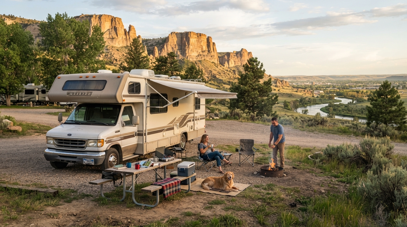 Billings to Atlanta - Mountains, Music & Motorhomes: Billings to Atlanta Road Trip — campground with a motorhome