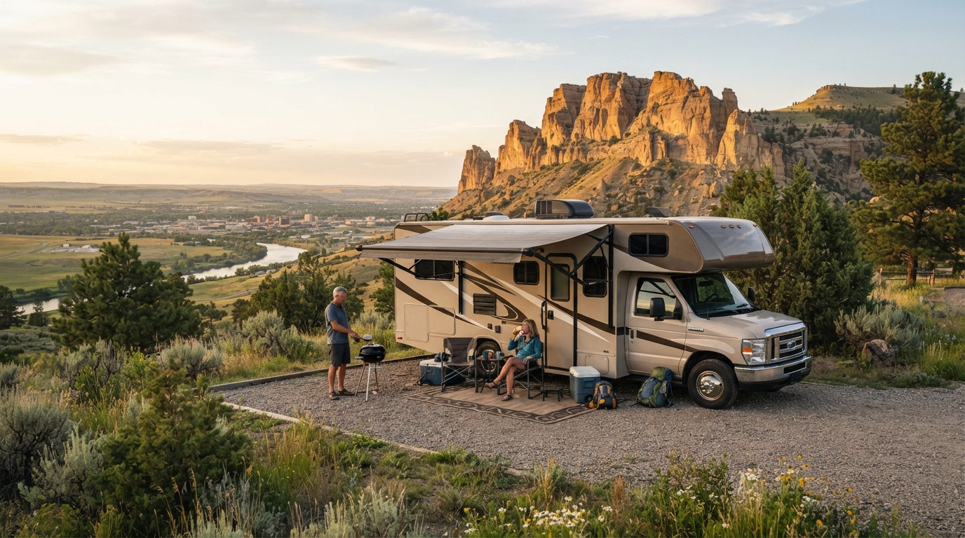 Billings to Salt Lake City - Boiling Springs Mountain Peaks and Salt Lakes — campground with a motorhome