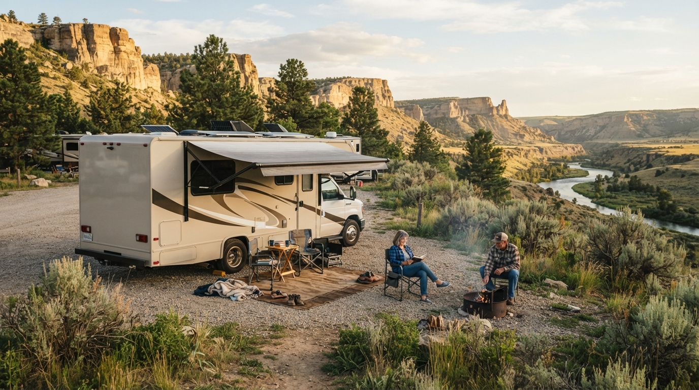 Billings to Boston - Mountains, Falls & Freedom Trail: A Family RV Adventure Across 9 States — campground with a motorhome