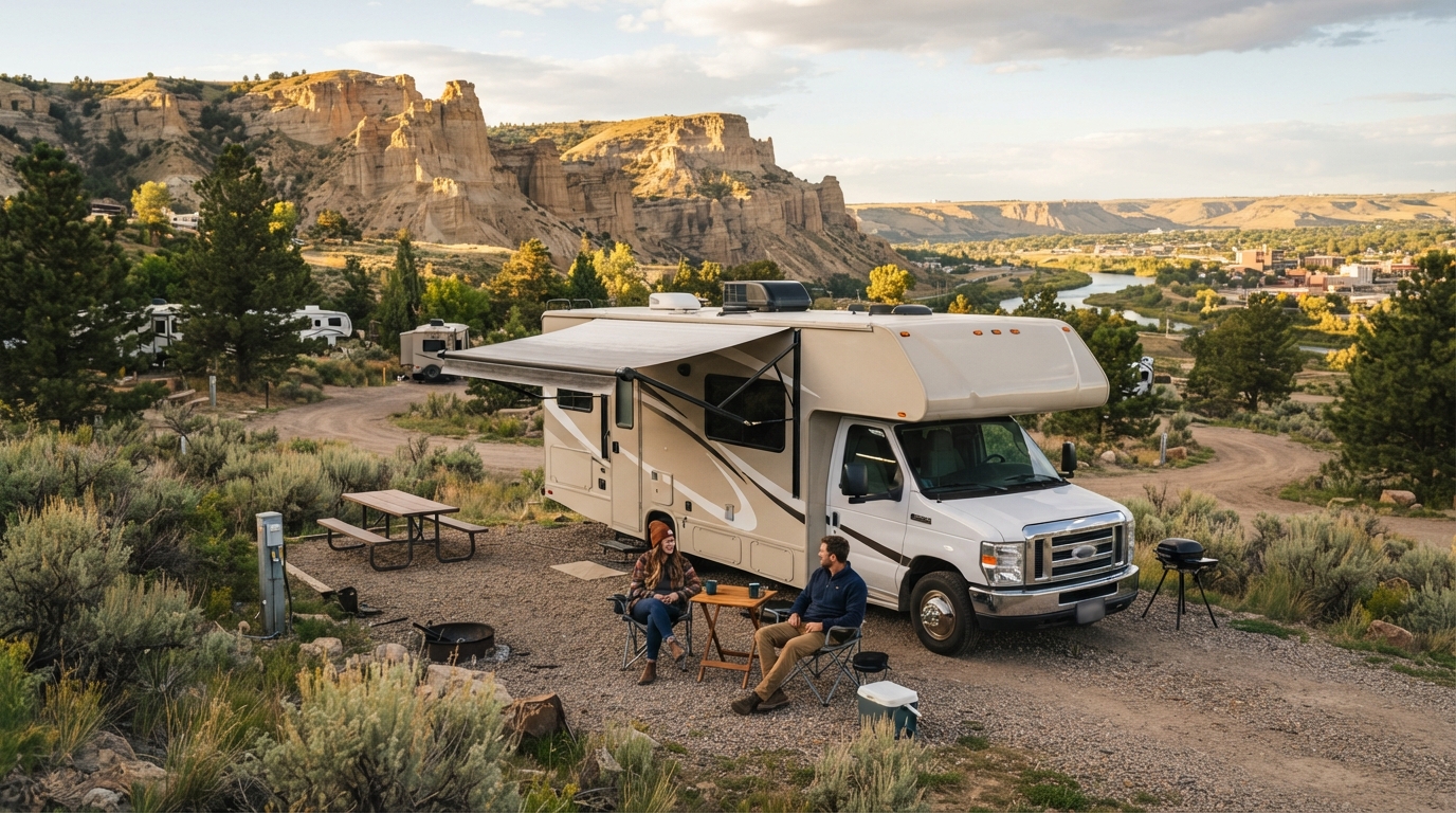 Billings to Boston - Mountains, Falls & Freedom Trail: A Family RV Adventure Across 9 States — campground with a motorhome