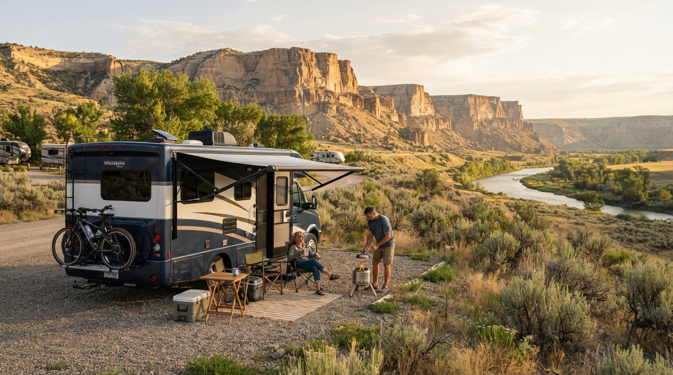 Billings to San Francisco - Yellowstone to Yosemite RV route — campground with a motorhome