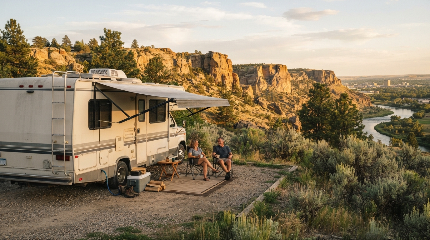 Billings to San Francisco - Yellowstone to California RV route — campground with a motorhome