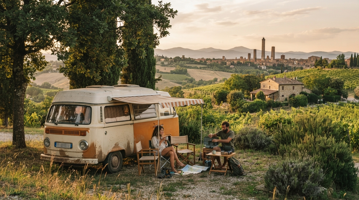 Bologna Round Trip  - The Italian Riviera and the Grand Dolomites — campground with a motorhome