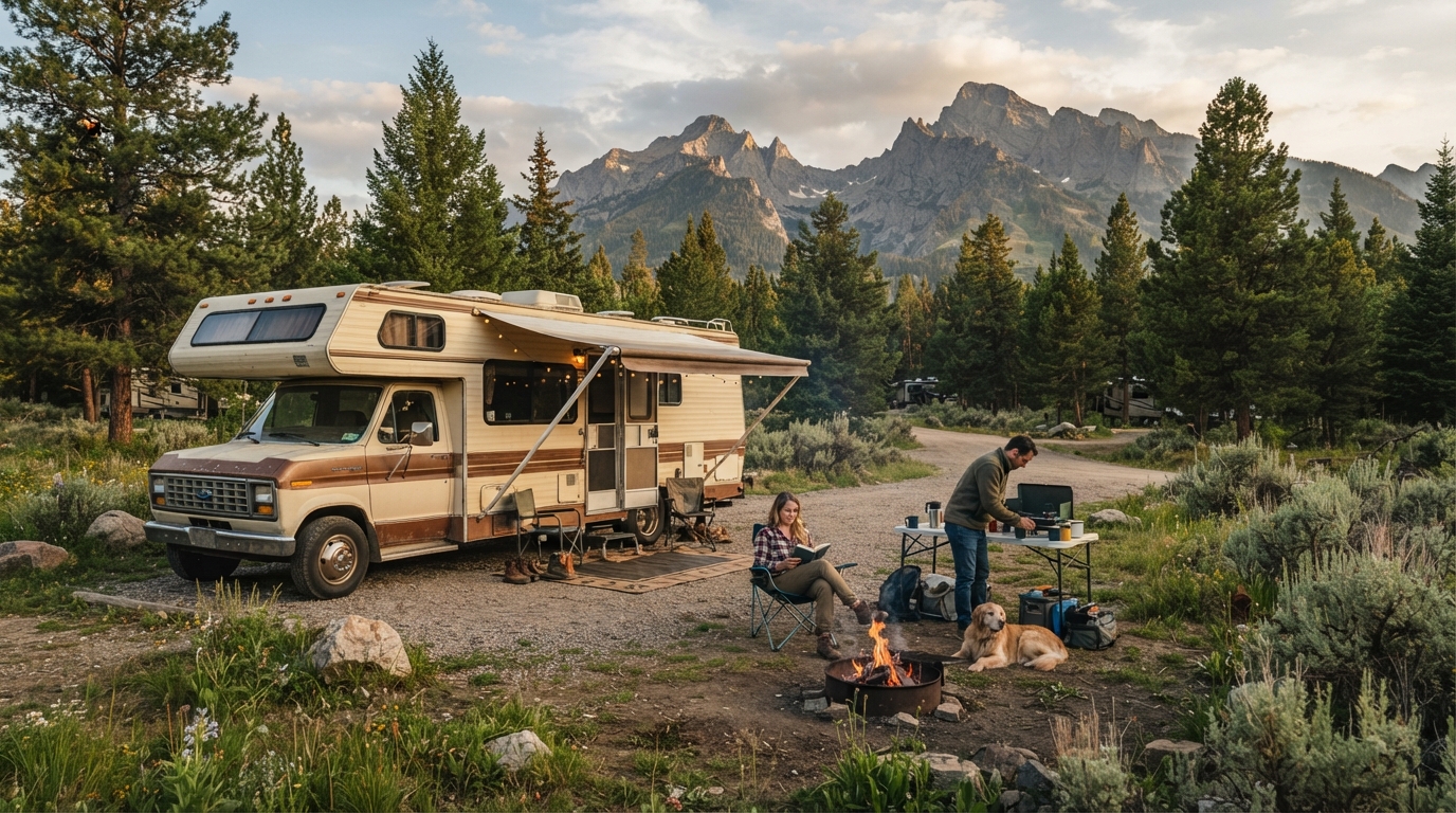 Bozeman Roundtrip — campground with a motorhome