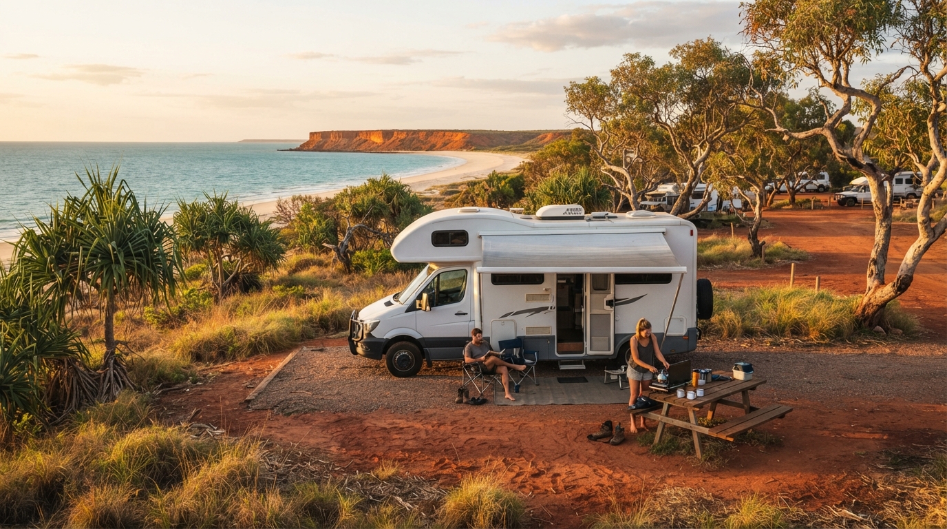 Broome to Sydney - Across the Heart of Australia Road Trip — campground with a motorhome