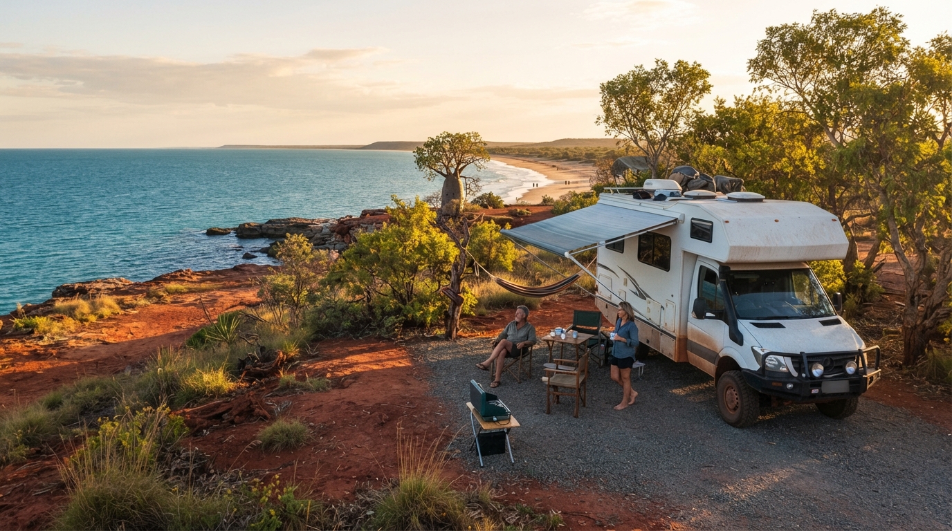 Broome to Sydney - Across the Heart of Australia Road Trip — campground with a motorhome