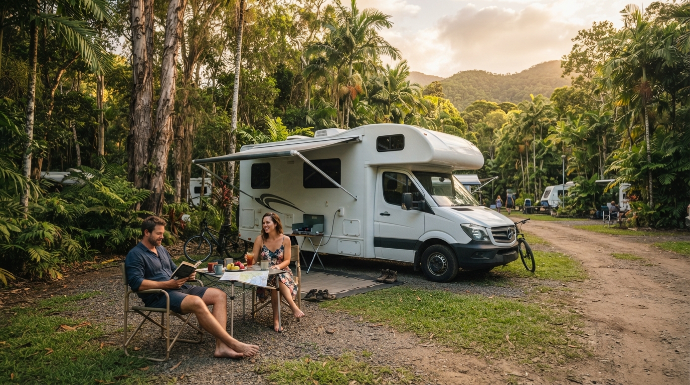 Cairns to Brisbane - Pacific Pathway — campground with a motorhome
