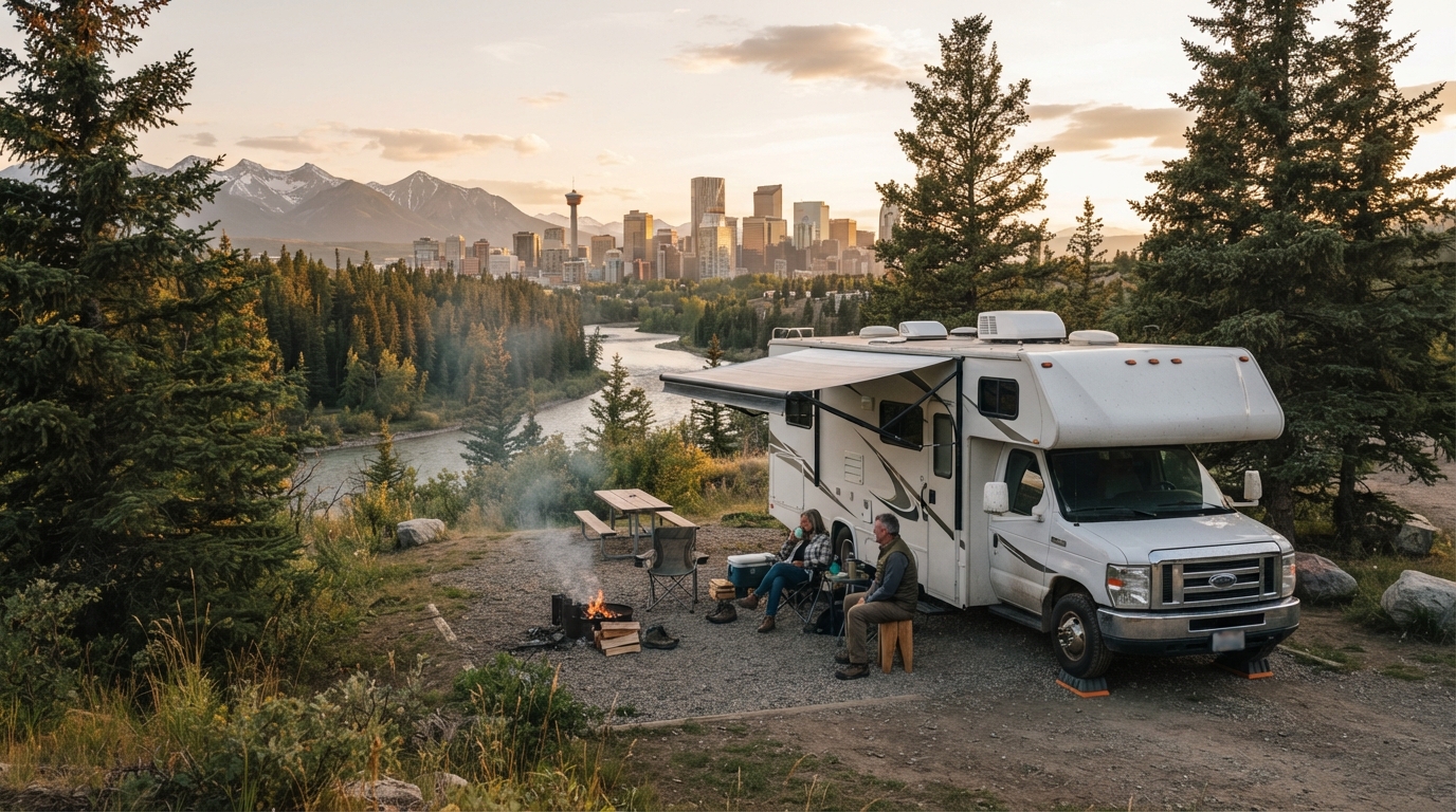 Calgary round trip - RVing the Best of Alberta and British Columbia Canadian Camper Route Plan — campground with a motorhome
