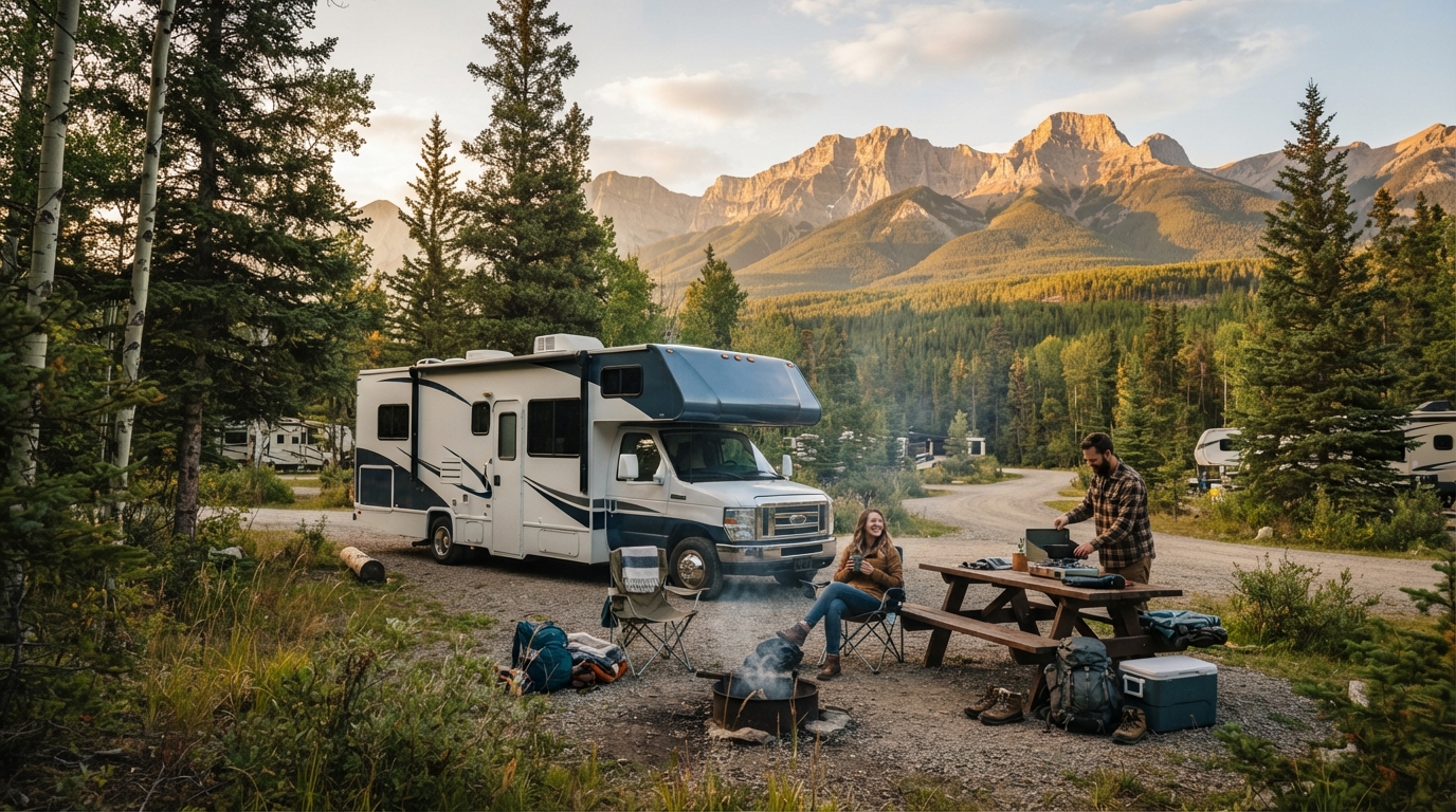 Calgary Roundtrip - Comprehensive Rocky Mountains — campground with a motorhome