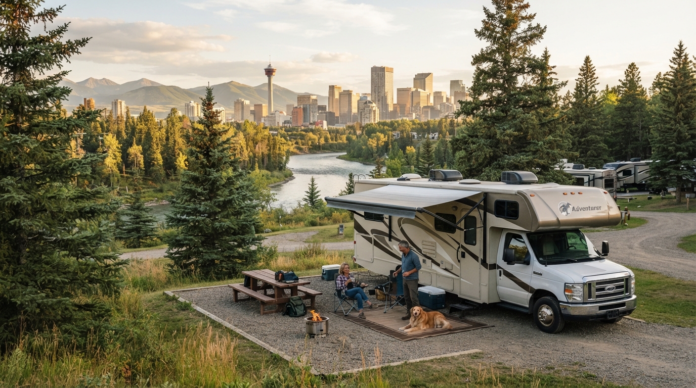 Calgary to Vancouver - Canadian Rockies & BC — campground with a motorhome