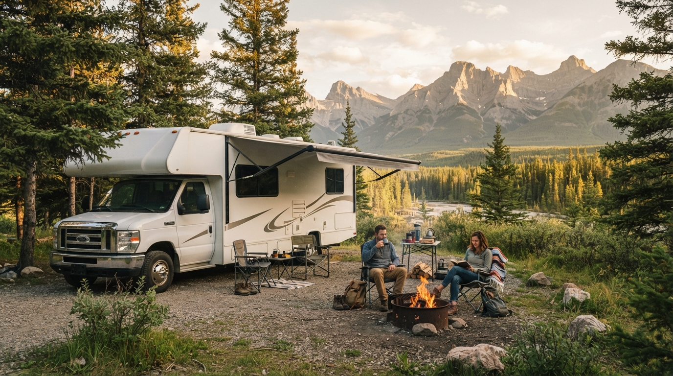 Calgary to Whitehorse - Dinosaur Fossils and Gold Rush Trails — campground with a motorhome