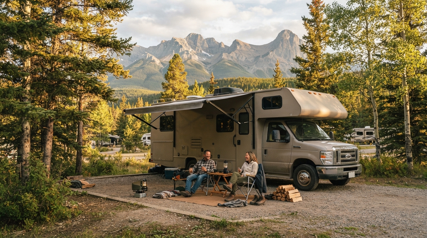 Calgary to Toronto - Legends and Landscapes Adventure — campground with a motorhome